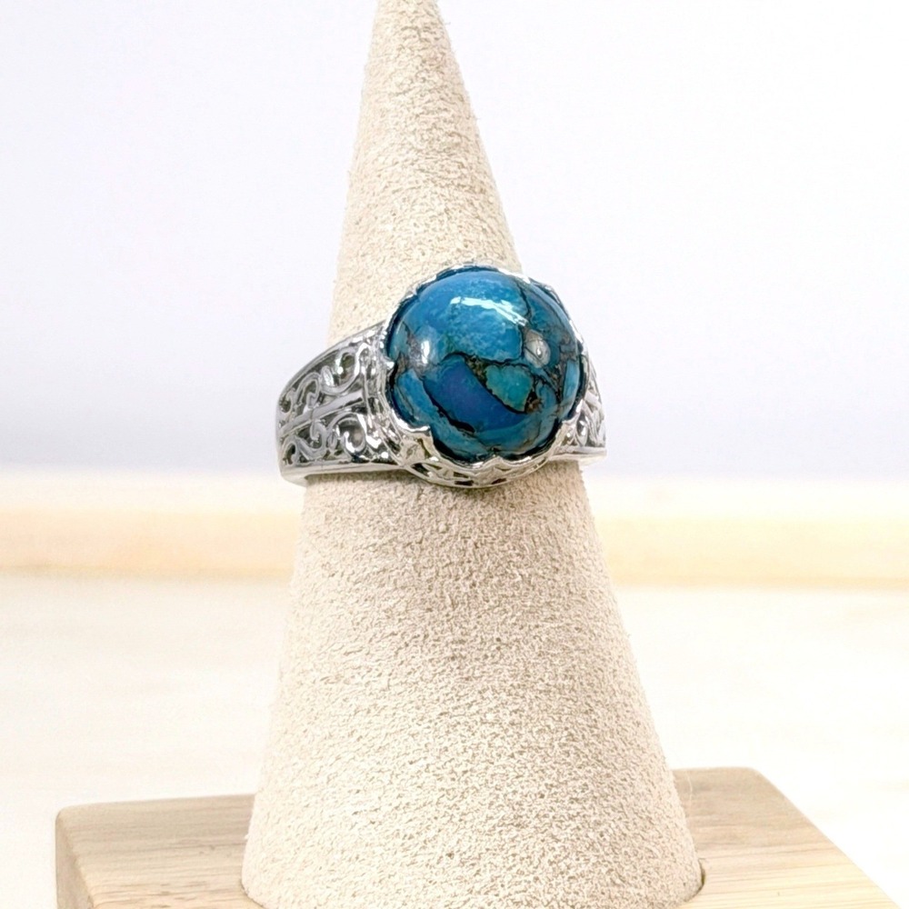 Blue Natural Copper Turquoise Ring Sterling Silver Filigree Statement Cabochon